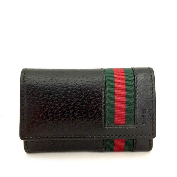 Gucci Other - GUCCI Black Leather Webbing Silver Hardware Key Case
